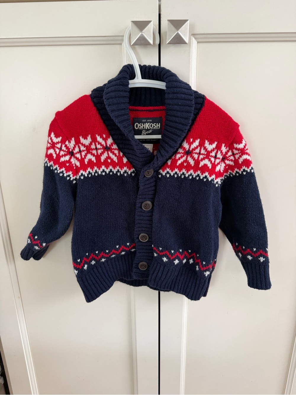 OshKosh B'gosh 18m Navy, Red & White Fair Isle Shawl Collar Cardigan